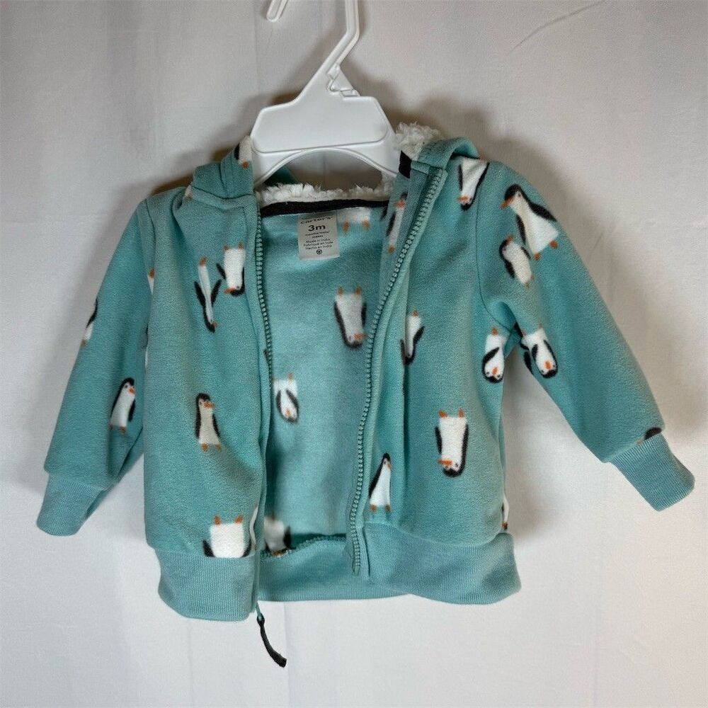 Carter’s Baby Unisex Fleece Full-Zip Hoodie Jacket Penguin Print Size 3M